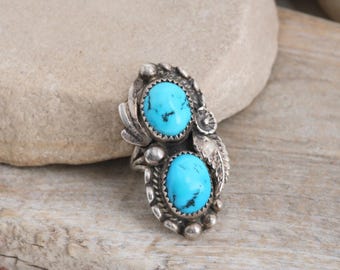 Anillo de turquesa estilo suroeste, plata de ley vintage, diseño ovalado, talla 4.25.