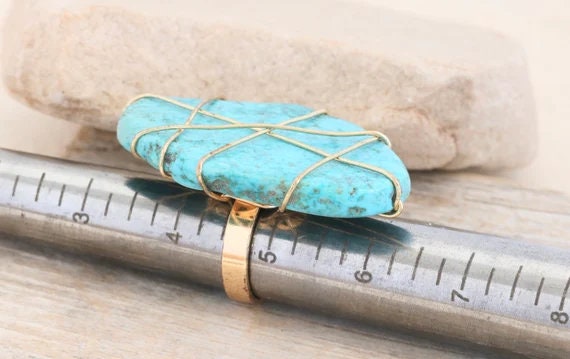 Statement Wire Wrapped Vintage Turquoise Slab Rin… - image 7