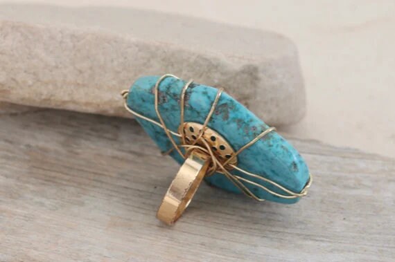 Statement Wire Wrapped Vintage Turquoise Slab Rin… - image 3