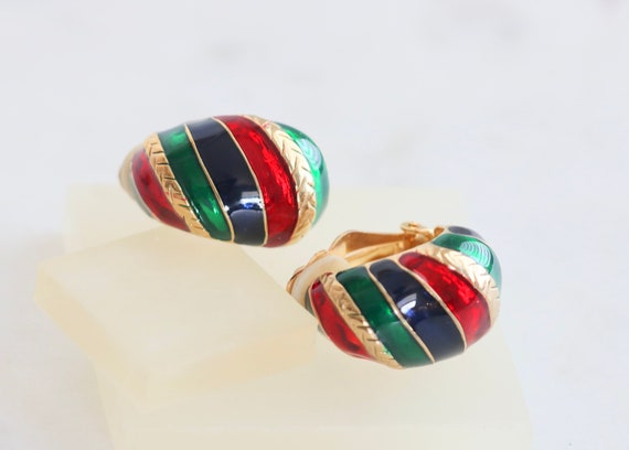 Colorful Enamel Half Hoop Clip On Earrings // Vin… - image 1
