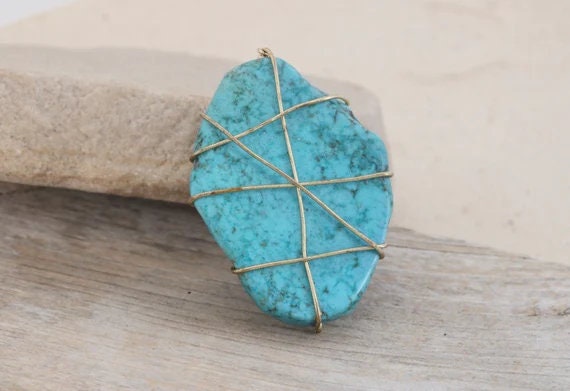 Statement Wire Wrapped Vintage Turquoise Slab Rin… - image 2