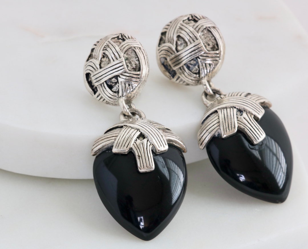 C. Stein Black Heart Silver Tone Statement Clip on Earrings