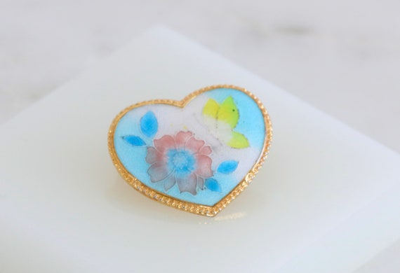 Small Enamel Heart Brooch Pin with Butterfly and … - image 3