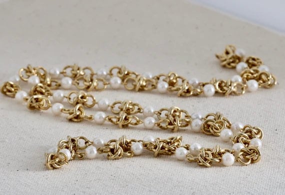 Opera Length Gold Tone and Faux Pearl Necklace //… - image 1