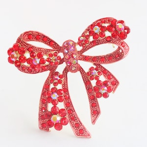 Vintage Red Rhinestone Bow Brooch Large Statement Pin Gift, Mid-Century Jewelry, Red Bow Pin, Sparkling Vintage Jewelry // luluglitterbug
