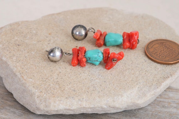 Vintage Artisan Red Coral and Turquoise Dangle Dr… - image 3