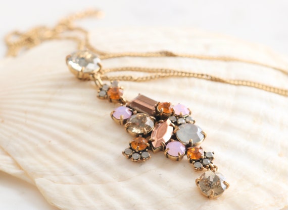 Vintage J. Crew Long Necklace with Pink Brown and Clear Rhinestone Gems on a long Gold Chain// luluglitterbug