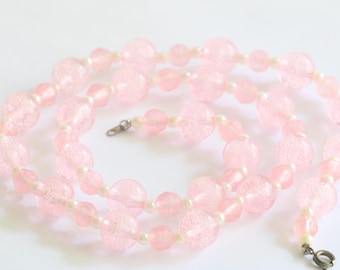 Vintage Pink Lucite Necklace with Faux Pearls, 23 Inch Length