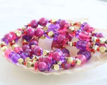 Mid-century Multi Strand Pink and Purple Long Beaded Necklace // Vintage Jewelry // luluglitterbug