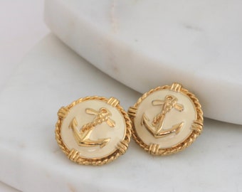 Cream and Gold Round Shaped Nautical Anchor Pierced Earrings  // Vintage Jewelry // luluglitterbug