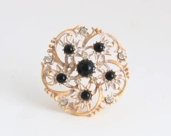 Vintage Brooch with Rhinestone Flower Design, Gold Tone Floral Pin