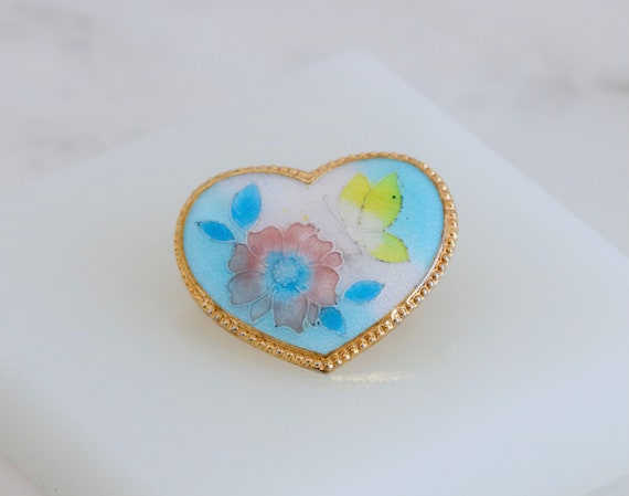 Small Enamel Heart Brooch Pin with Butterfly and … - image 2