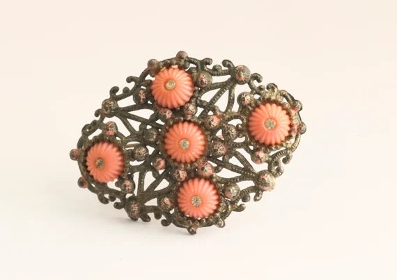 Art Deco Pot Metal Brooch Pin with Early Plastic … - image 1