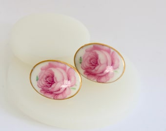 Elegant Pink Rose Porcelain Screw Back Earrings   // Vintage Jewelry // luluglitterbug