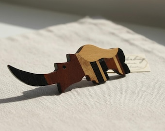 Inlaid Wood Rhino Brooch, Vintage Animal Pin with Design