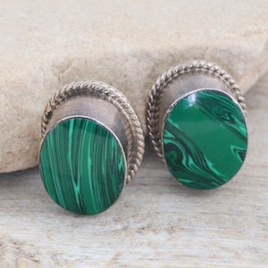 Jahrgang Taxco Malachit Clip auf Sterling Silber Ohrringe signiert 925 Mexiko TC-25 / / Luluglitterbug Vintage Schmuck