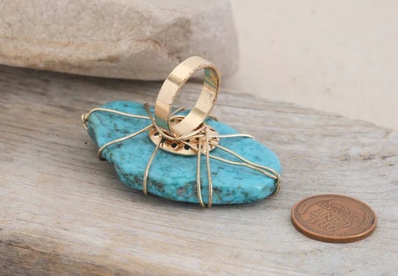 Statement Wire Wrapped Vintage Turquoise Slab Rin… - image 5