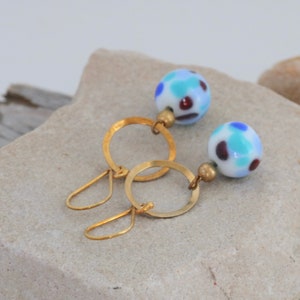 Vintage Blue Deco Glass Gold Vermeil Dangle Drop Pierced Earrings // Artisan Handcrafted Jewelry // luluglitterbug