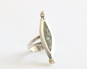 Southwestern Turquoise Inlay Statement Ring, Sterling Silver Marquise Old Pawn // luluglitterbug
