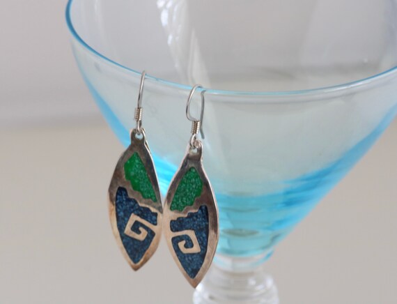 Inlaid Turquoise and Silver Dangle Earrings Signe… - image 6