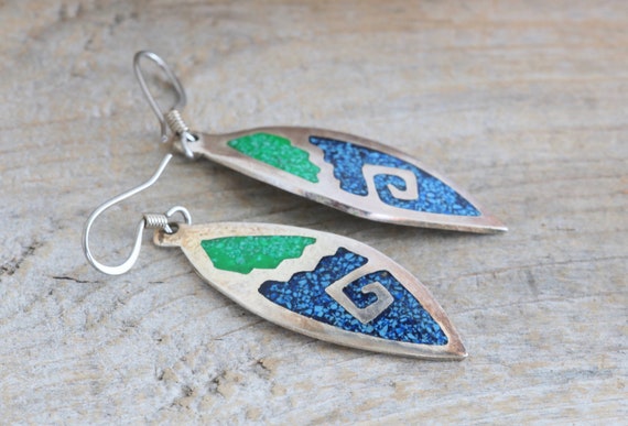 Inlaid Turquoise and Silver Dangle Earrings Signe… - image 2