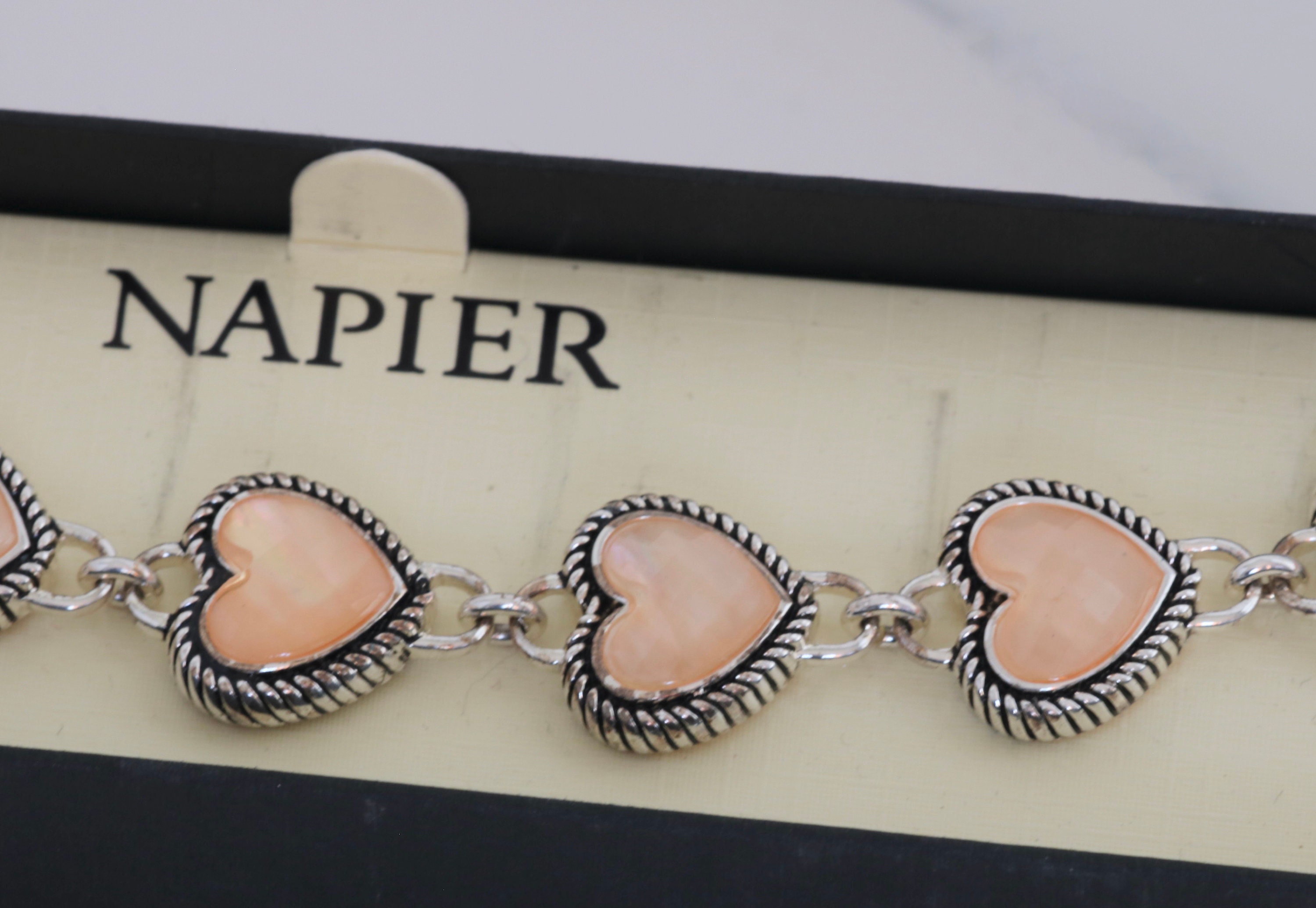 Napier Faceted Peachy Pink Glass Heart Silver Tone Link Bracelet