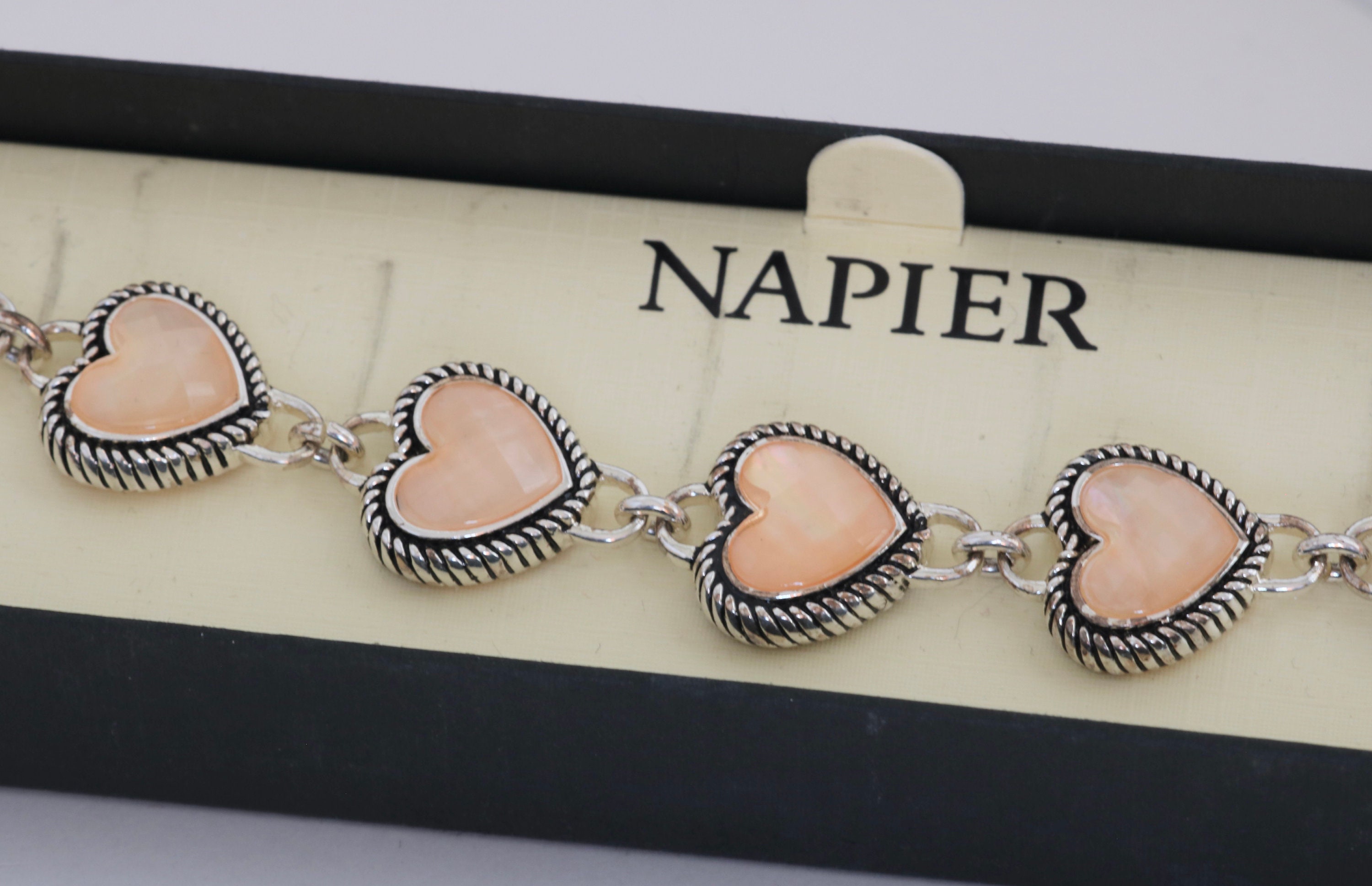 Napier Faceted Peachy Pink Glass Heart Silver Tone Link Bracelet