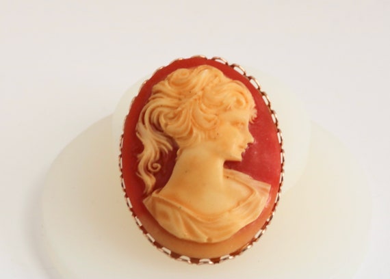 Elegant Vintage Orange and Cream Resin Cameo Broo… - image 1