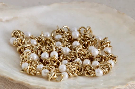 Opera Length Gold Tone and Faux Pearl Necklace //… - image 2