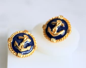 Navy and Gold Anchor Nautical Pierced Earrings // Vintage Jewelry // luluglitterbug