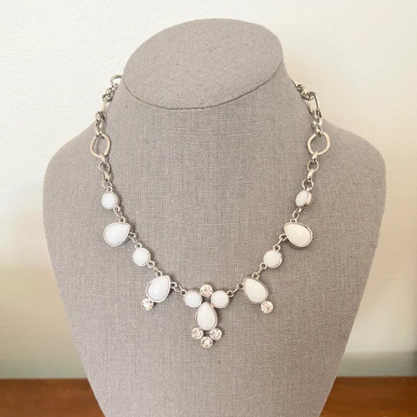 White and Clear Rhinestone Bib Necklace Signed Charming Charlie / Costume Jewelry // luluglitterbug