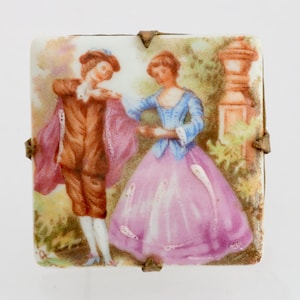 Vintage Limoges Porcelain Brooch - Victorian Couple Scene - French Romantic Pin // luluglitterbug