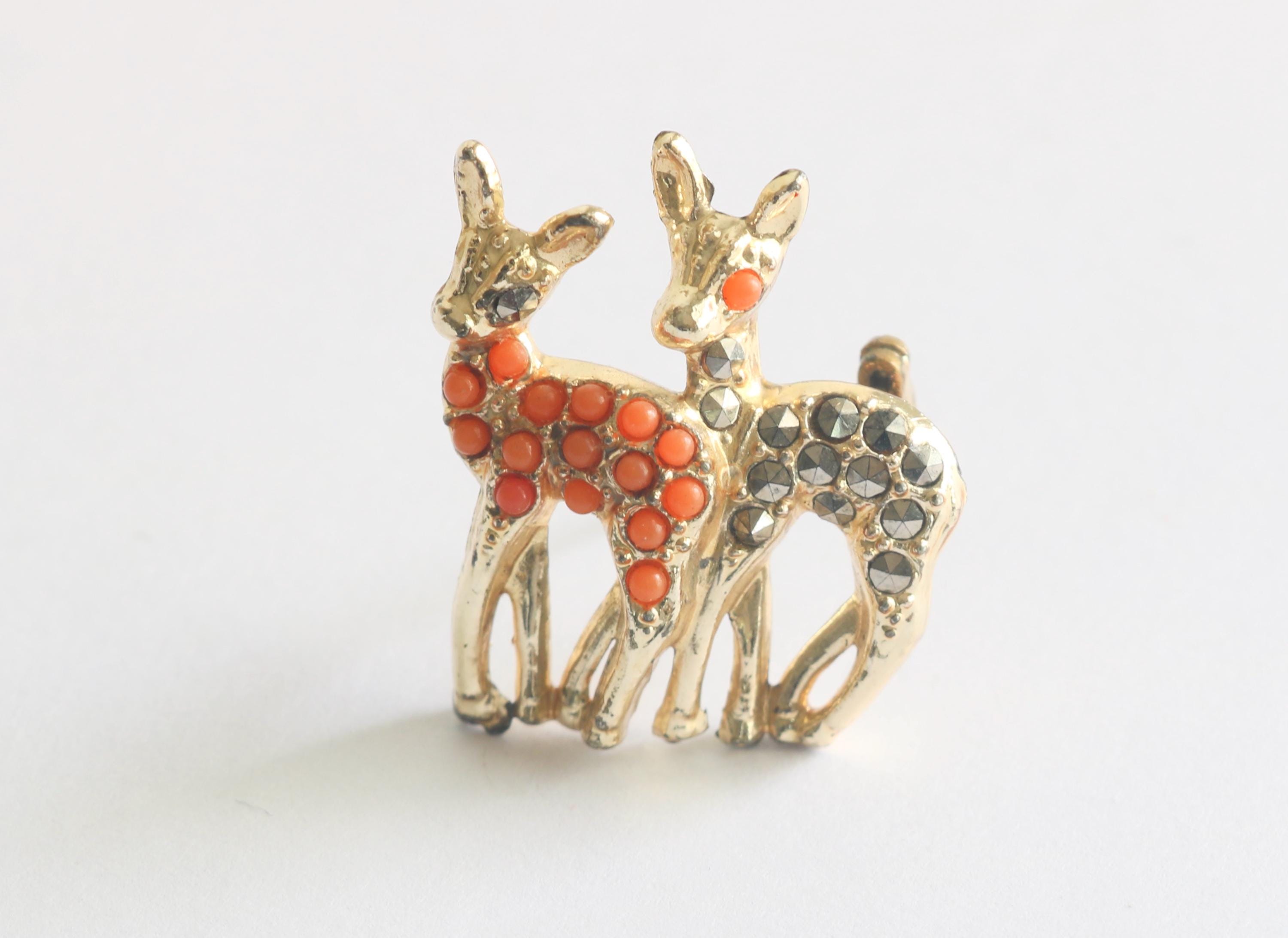 Vintage Gold Tone Doppel Hirsch Brosche - Orange Perlen & Strass // luluglitterbug