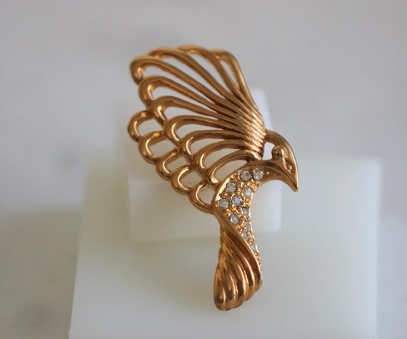 Roman Gold Tone and Rhinestone Eagle Bird Brooch … - image 2