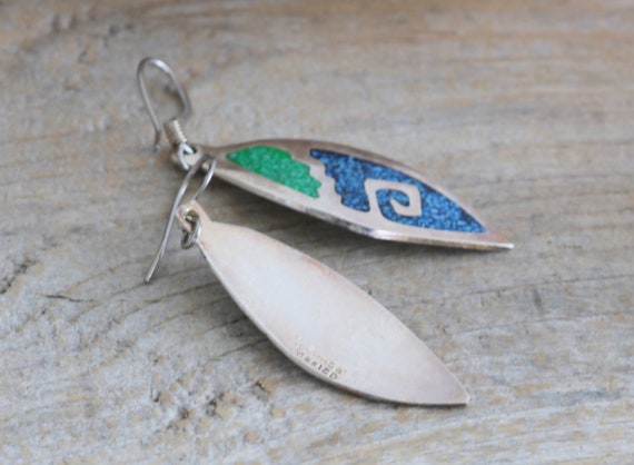 Inlaid Turquoise and Silver Dangle Earrings Signe… - image 3