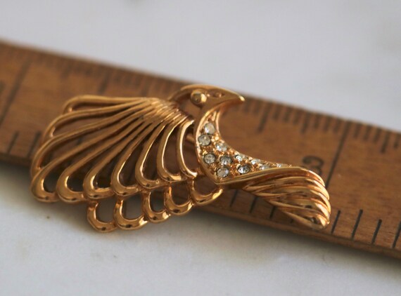Roman Gold Tone and Rhinestone Eagle Bird Brooch … - image 8