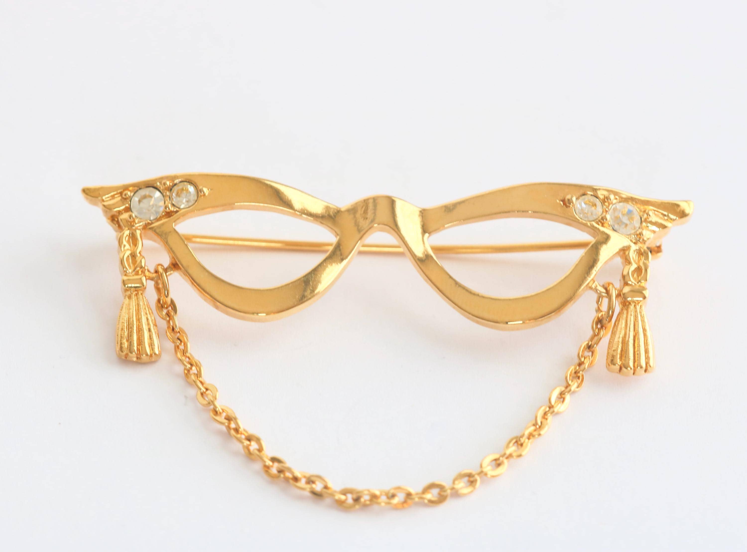 Vintage Avon Cat Eye Glasses Brooch Gold Tone With Rhinestones