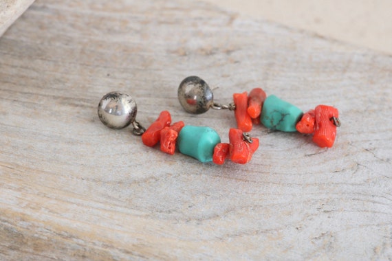 Vintage Artisan Red Coral and Turquoise Dangle Dr… - image 1