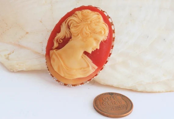 Elegant Vintage Orange and Cream Resin Cameo Broo… - image 4