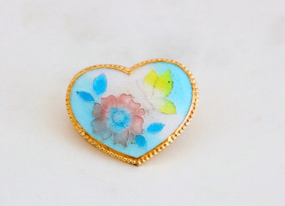 Small Enamel Heart Brooch Pin with Butterfly and … - image 1