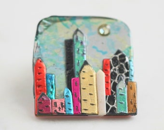 Colorful Mixed Media Cityscape Handcrafted Brooch Pin // Vintage Jewelry // luluglitterbug