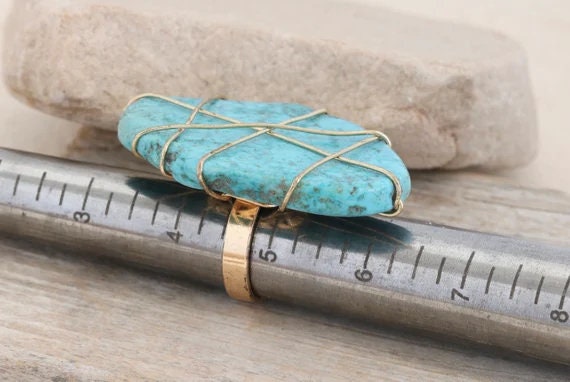 Statement Wire Wrapped Vintage Turquoise Slab Rin… - image 6