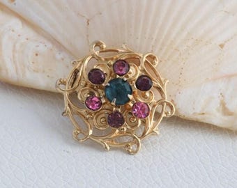 Colorful Rhinestone Vintage Brooch, Gold Tone Circle Pin from the 1950s