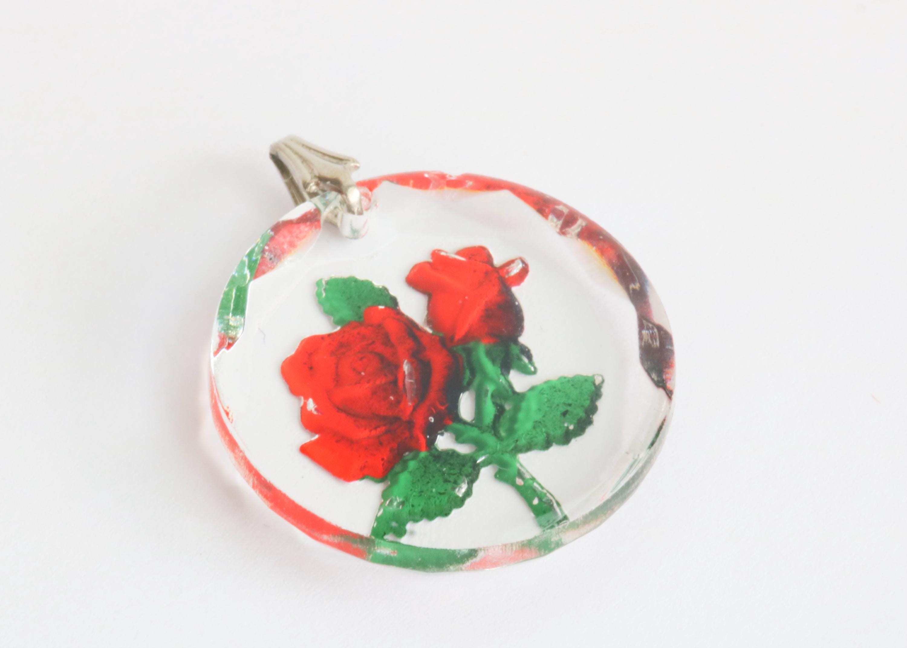 Pendentif Vintage Intaglio En Verre Cristal - Fleur Rose Peinte à L'envers - Occasion