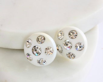 Vintage Mod White Plastic Button Earrings with Clear Rhinestones // Retro Glam Jewelry // luluglitterbug