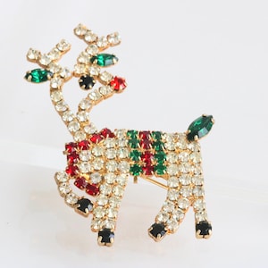 Broche vintage com strass incrustado de rena do nariz vermelho Rudolph | Acessório de Natal // luluglitterbug
