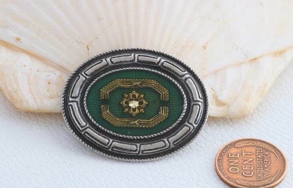 Emerald Green Victorian Style Oval Enamel Brooch … - image 2