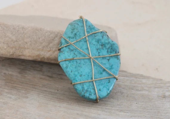 Statement Wire Wrapped Vintage Turquoise Slab Rin… - image 1