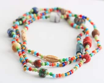 Vintage Colorful Assorted Long Necklace with Glass, Art, and Clay Beads // luluglitterbug