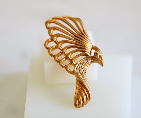 Roman Gold Tone and Rhinestone Eagle Bird Brooch … - image 1